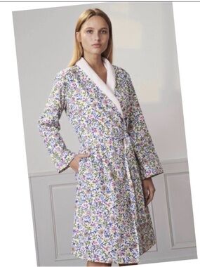 Luxury Yves Delorme Eolie Bathrobe Floral/Pink Terry/Cotton Robe -M- Runs small